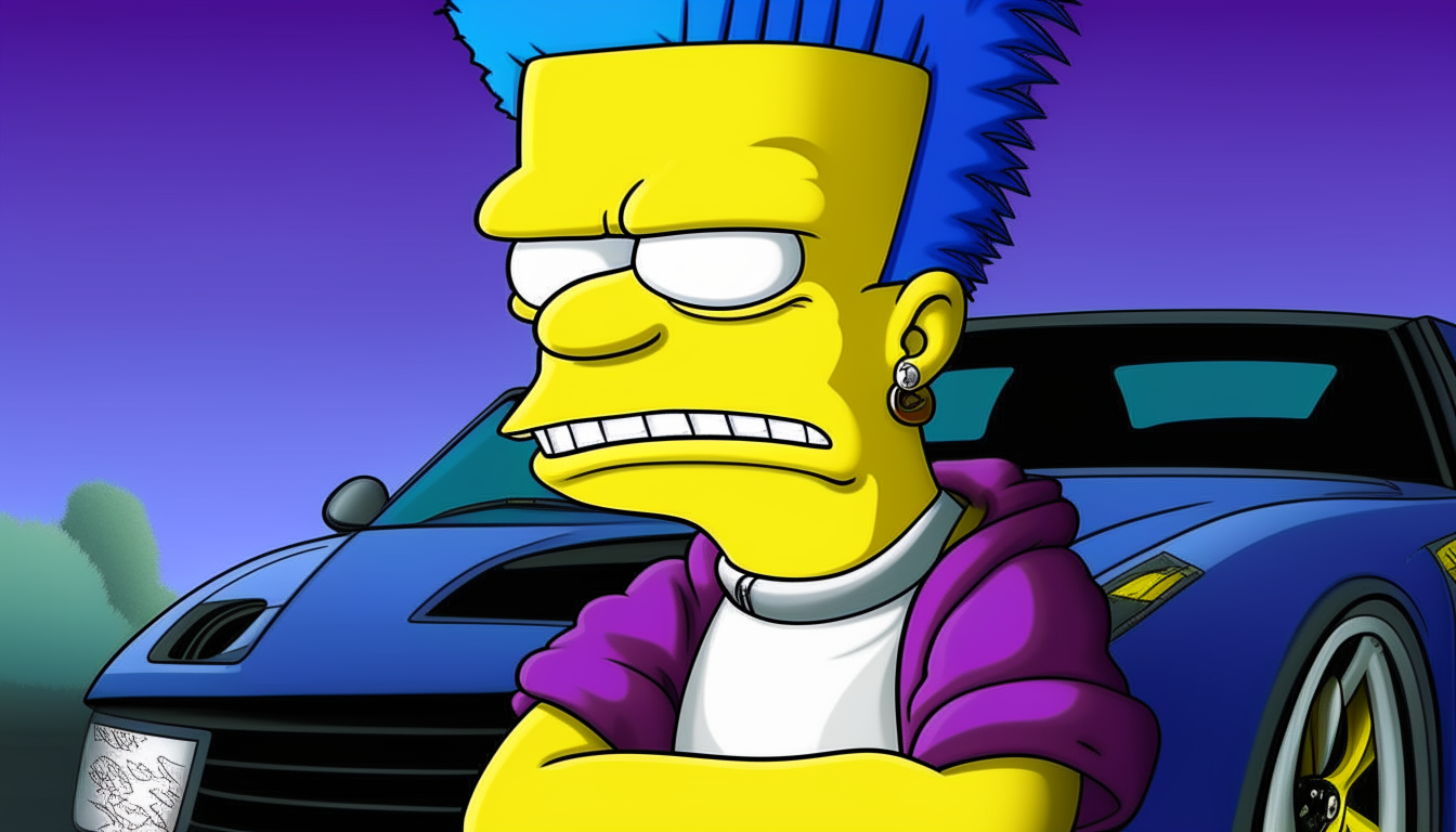 Portrait of Bart Simpson from the previous image, now standing in front of a blue Lamborghini.