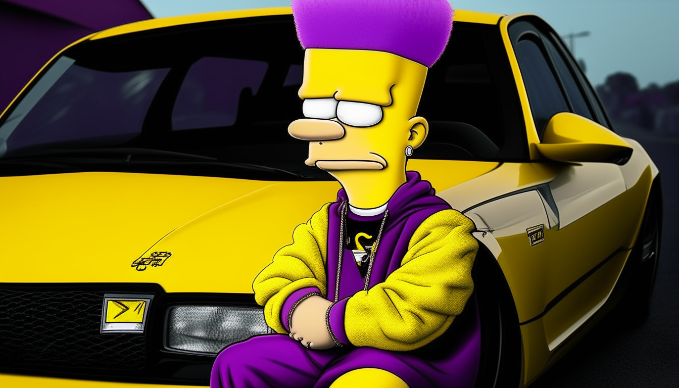 Another portrait of Bart Simpson similarly posed near a yellow Lamborghini.