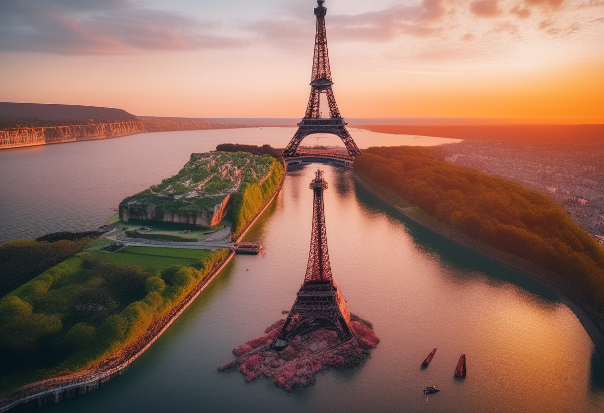 Aerial view of the Eiffel Tower with the Champ de Mars park in springtime A longboat sailing between towering cliffs on Halong Bay, Vietnam Uluru at sunset with vibrant red and orange hues lighting up the rock
