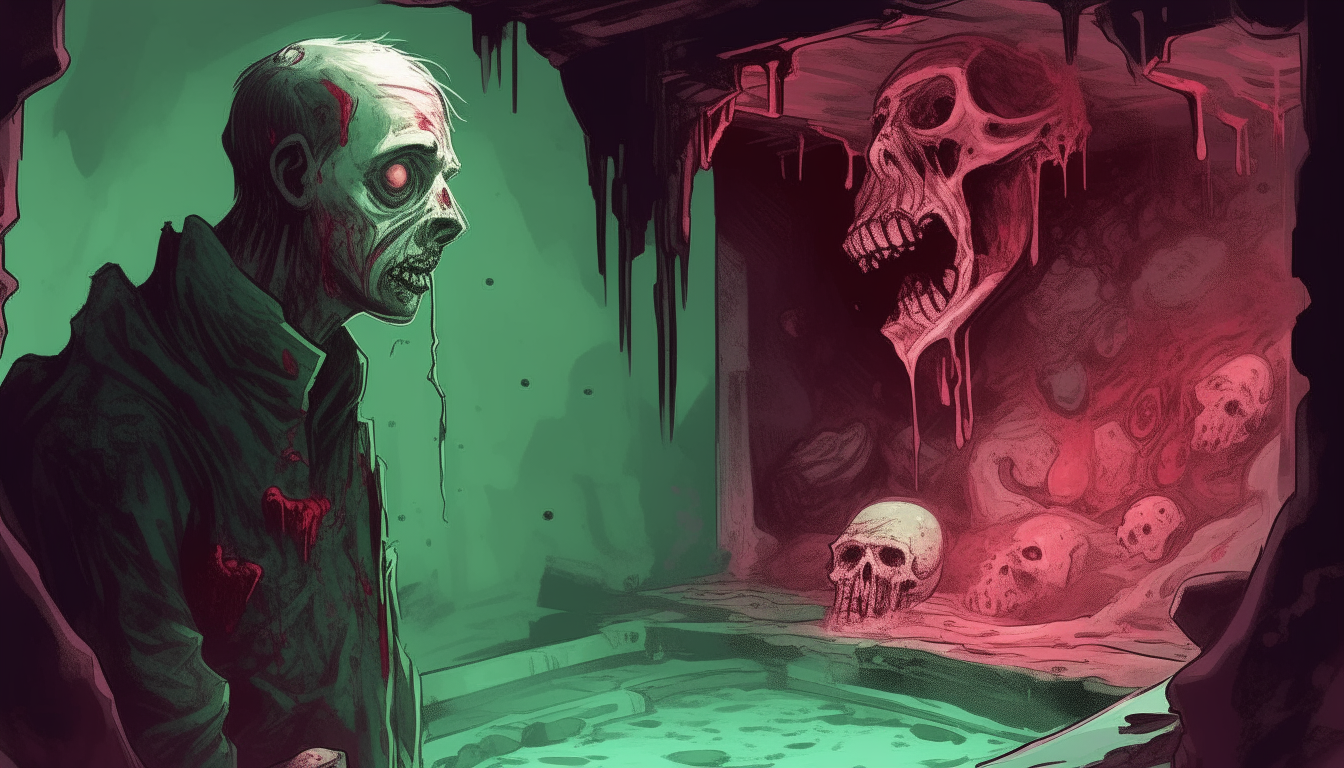 A mix between a zombie and a ghoul looking intently at a piece of blood-dripping piece of meat, the background is a dense sewer grotto with stalactites and holes in the walls