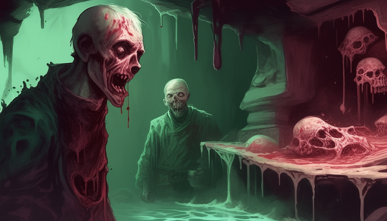 A mix between a zombie and a ghoul looking intently at a piece of blood-dripping piece of meat, the background is a dense sewer grotto with stalactites and holes in the walls