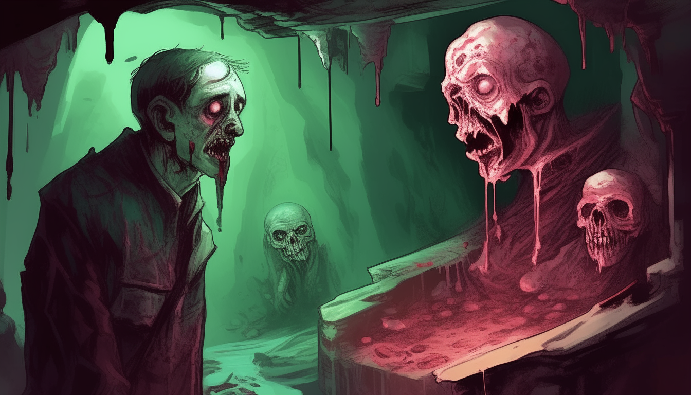 A mix between a zombie and a ghoul looking intently at a piece of blood-dripping piece of meat, the background is a dense sewer grotto with stalactites and holes in the walls