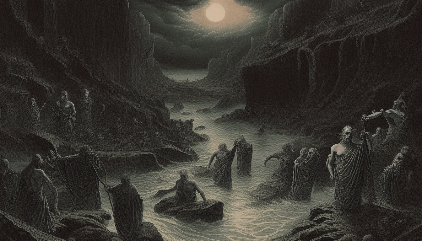 "Generate a powerful visual depiction inspired by Dante Alighieri's Divine Comedy, portraying the infernal riverbank of Acheron. Envision a haunting scene where the damned souls gather in anticipation of their transport. Picture the desolate shore crowded with tormented figures, their faces etched with despair and anguish. Capture the murky waters of Acheron, reflecting the eerie glow of the underworld. "