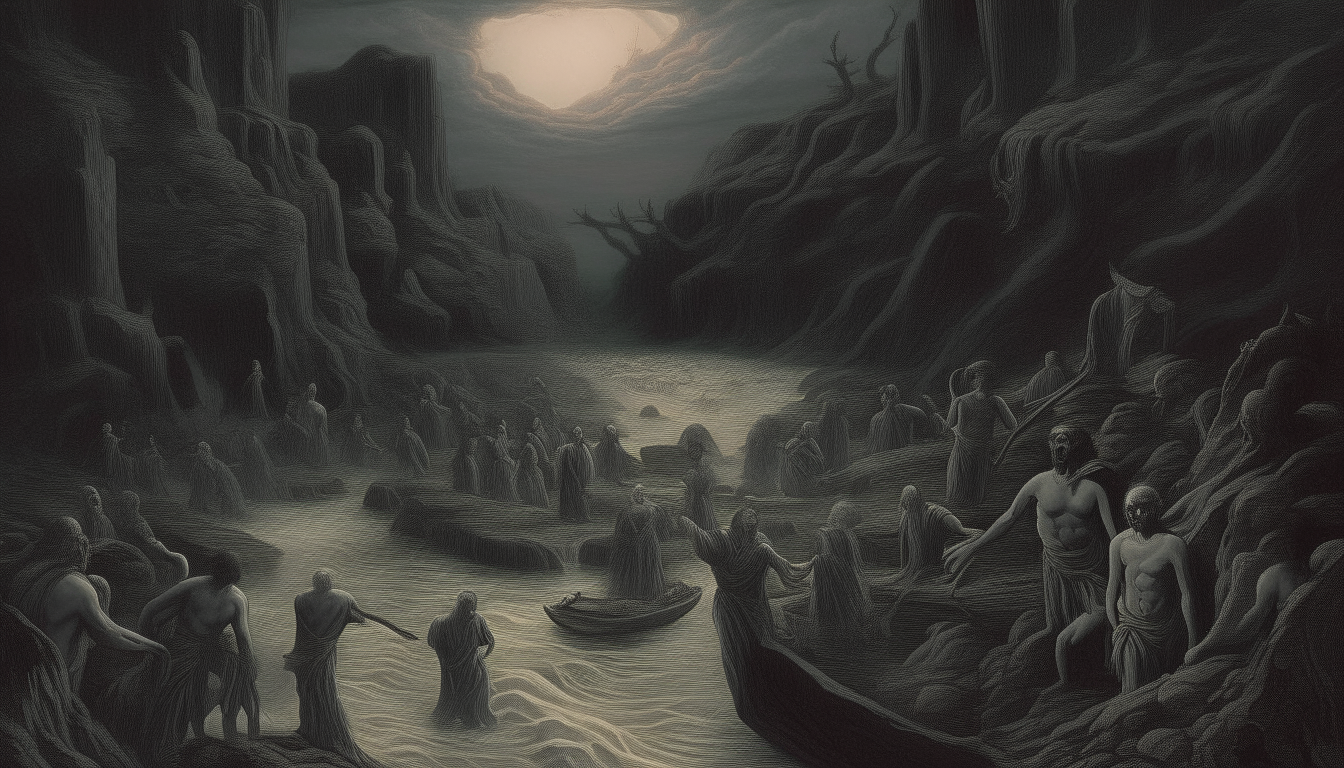 "Generate a powerful visual depiction inspired by Dante Alighieri's Divine Comedy, portraying the infernal riverbank of Acheron. Envision a haunting scene where the damned souls gather in anticipation of their transport. Picture the desolate shore crowded with tormented figures, their faces etched with despair and anguish. Capture the murky waters of Acheron, reflecting the eerie glow of the underworld. "