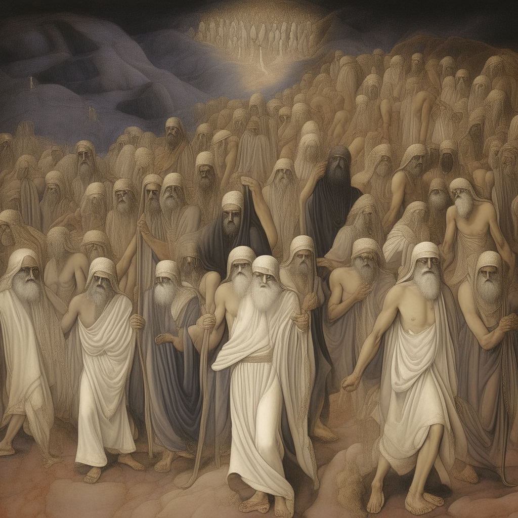 A poignant visual scene inspired by Dante Alighieri's Divine Comedy, depicting the souls of Mesopotamian prophets such as Abraham, Noah, Moses, Isaac, and Jacob following Jesus into Limbo. A solemn procession of revered figures, their faces marked by wisdom and faith, as they walk alongside the Son of God. Capturing the reverence and humility in their expressions, reflecting their acceptance of divine guidance. Conveying the sense of honor and privilege as they accompany Jesus on his journey. Crafting an image that portrays the dignity and significance of these revered souls, inviting the viewer to contemplate their timeless legacy and profound impact on humanity.