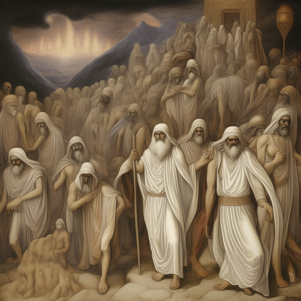 A poignant visual scene inspired by Dante Alighieri's Divine Comedy, depicting the souls of Mesopotamian prophets such as Abraham, Noah, Moses, Isaac, and Jacob following Jesus into Limbo. A solemn procession of revered figures, their faces marked by wisdom and faith, as they walk alongside the Son of God. Capturing the reverence and humility in their expressions, reflecting their acceptance of divine guidance. Conveying the sense of honor and privilege as they accompany Jesus on his journey. Crafting an image that portrays the dignity and significance of these revered souls, inviting the viewer to contemplate their timeless legacy and profound impact on humanity.