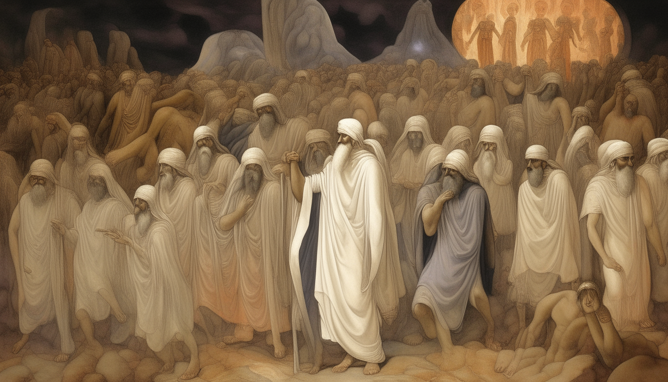 A poignant visual scene inspired by Dante Alighieri's Divine Comedy, depicting the souls of Mesopotamian prophets such as Abraham, Noah, Moses, Isaac, and Jacob following Jesus into Limbo. A solemn procession of revered figures, their faces marked by wisdom and faith, as they walk alongside the Son of God. Capturing the reverence and humility in their expressions, reflecting their acceptance of divine guidance. Conveying the sense of honor and privilege as they accompany Jesus on his journey. Crafting an image that portrays the dignity and significance of these revered souls, inviting the viewer to contemplate their timeless legacy and profound impact on humanity.