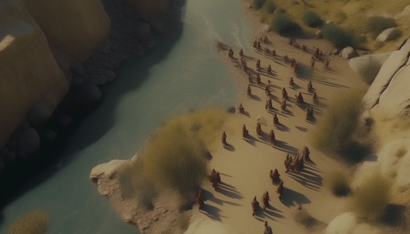 A group of Mesopotamian prophets follow Jesus into the infernal valley of the Acheron river, seen from high above in a cinematic, highly detailed style.