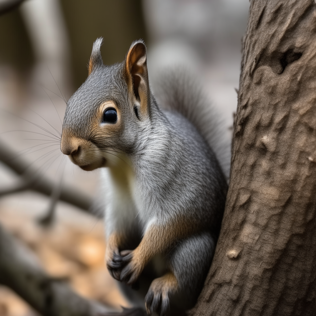 A gray squirrel sitting with its tail curled, fur stands out in sharp detail against the bark of a tree