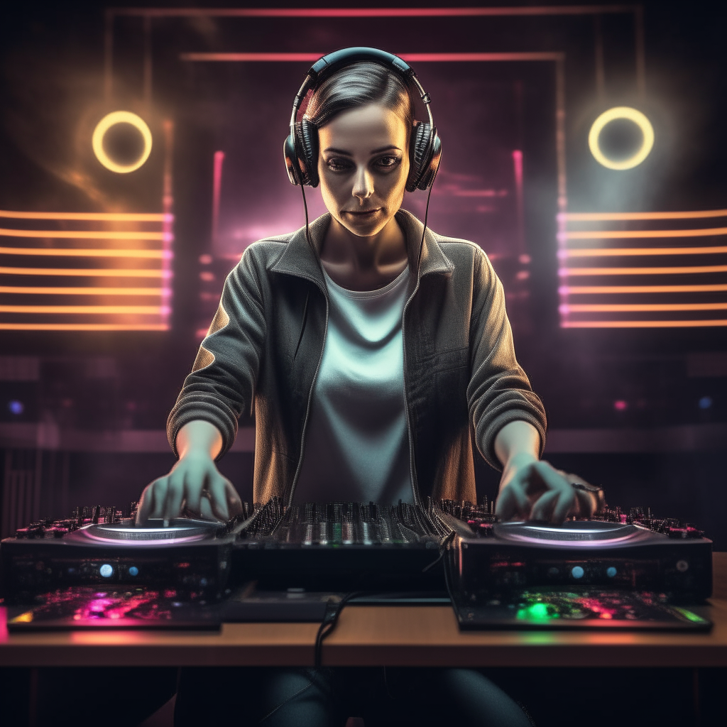 a photorealistic portrait of the user standing behind turntables and a mixer on a stage, wearing headphones, focused on the music, colorful lights