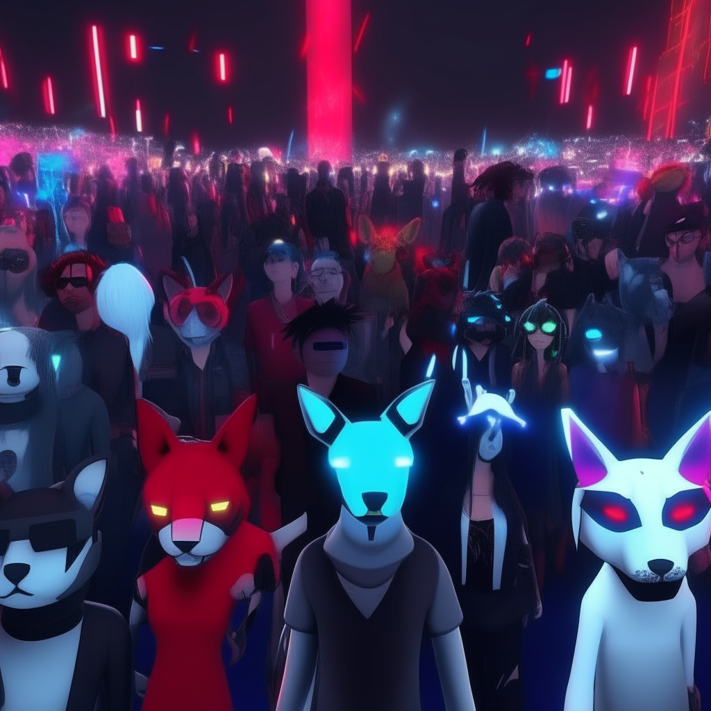 a crowd of VRChat avatars in the audience, including furry and anime avatars, with lasers and lights