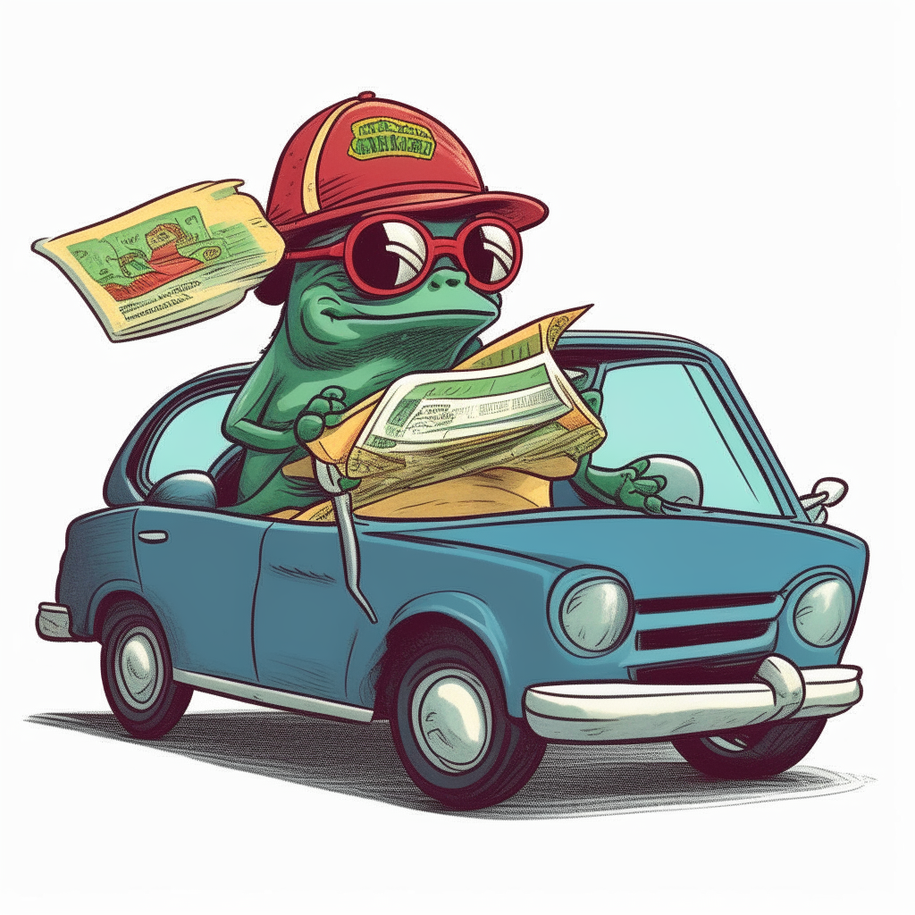 a cartoon turtle wearing sunglasses and a hat, holding a pizza delivery box, sitting in the driver seat of a 1990s Honda Civic