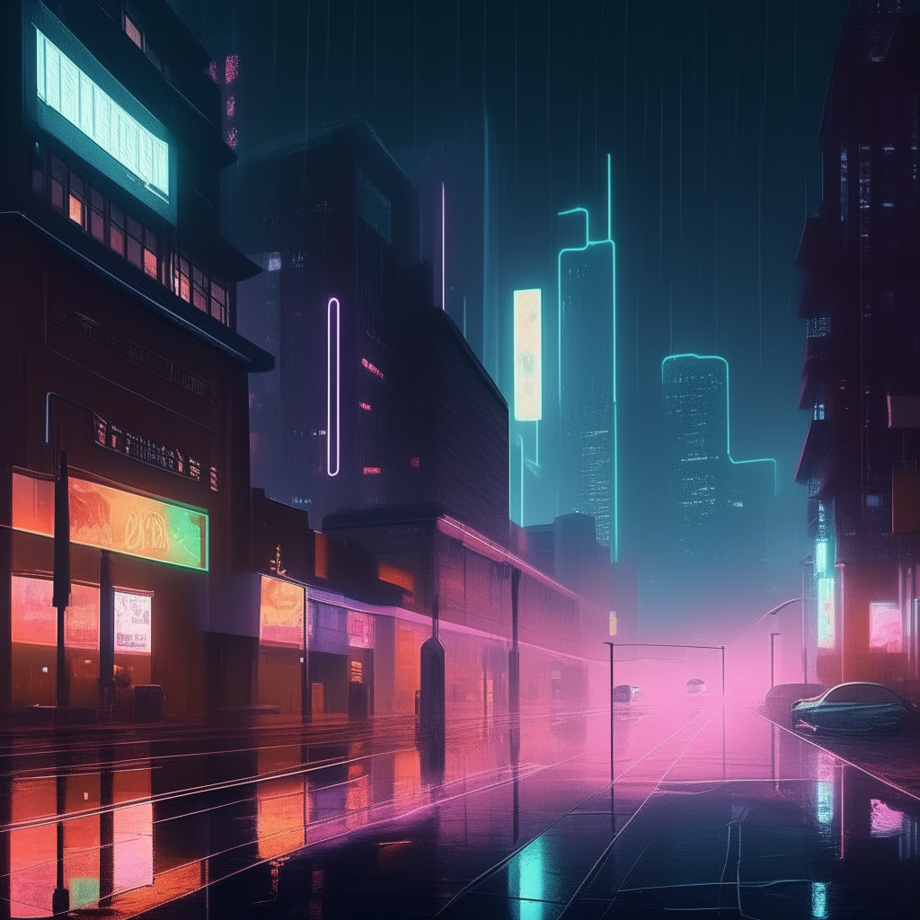 a neon-lit city street at night, with tall glowing buildings and holograms, rainy atmosphere