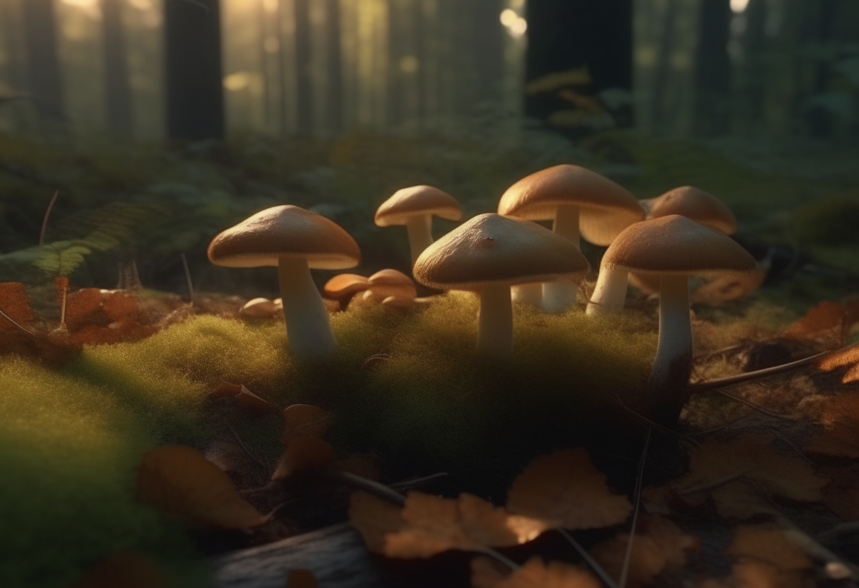 Closeup of mushrooms standing on the forest floor. The background is a deep forest with dense trees, By Albert Bierstadt, 8K, Super realistic, Sunset, HD cinematic, Cinematic lighting