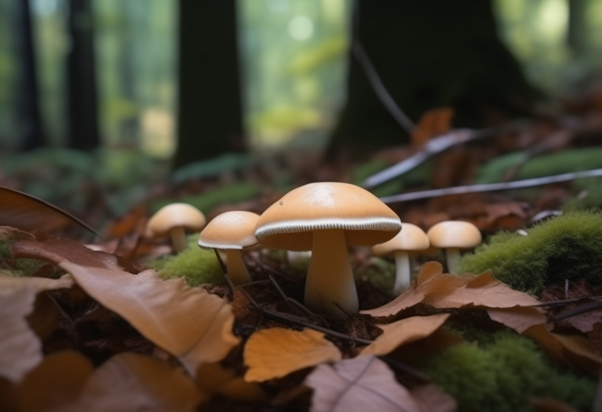 Closeup of champignon mushrooms standing on the forest floor. The background is a forest with dense trees