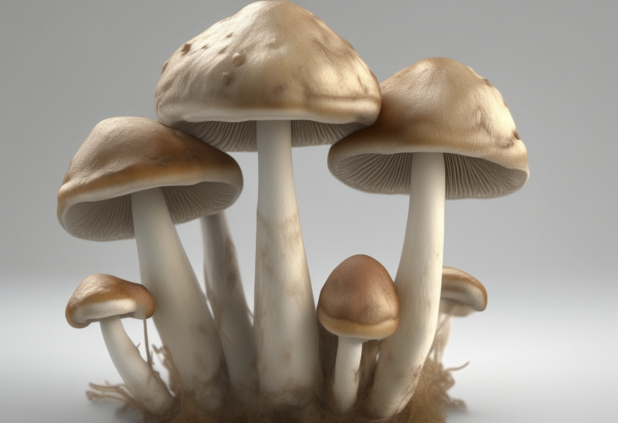 Closeup of champignon mushrooms standing white studio. The background is a white studio background, By Alejandro Burdisio, 8K, Super realistic