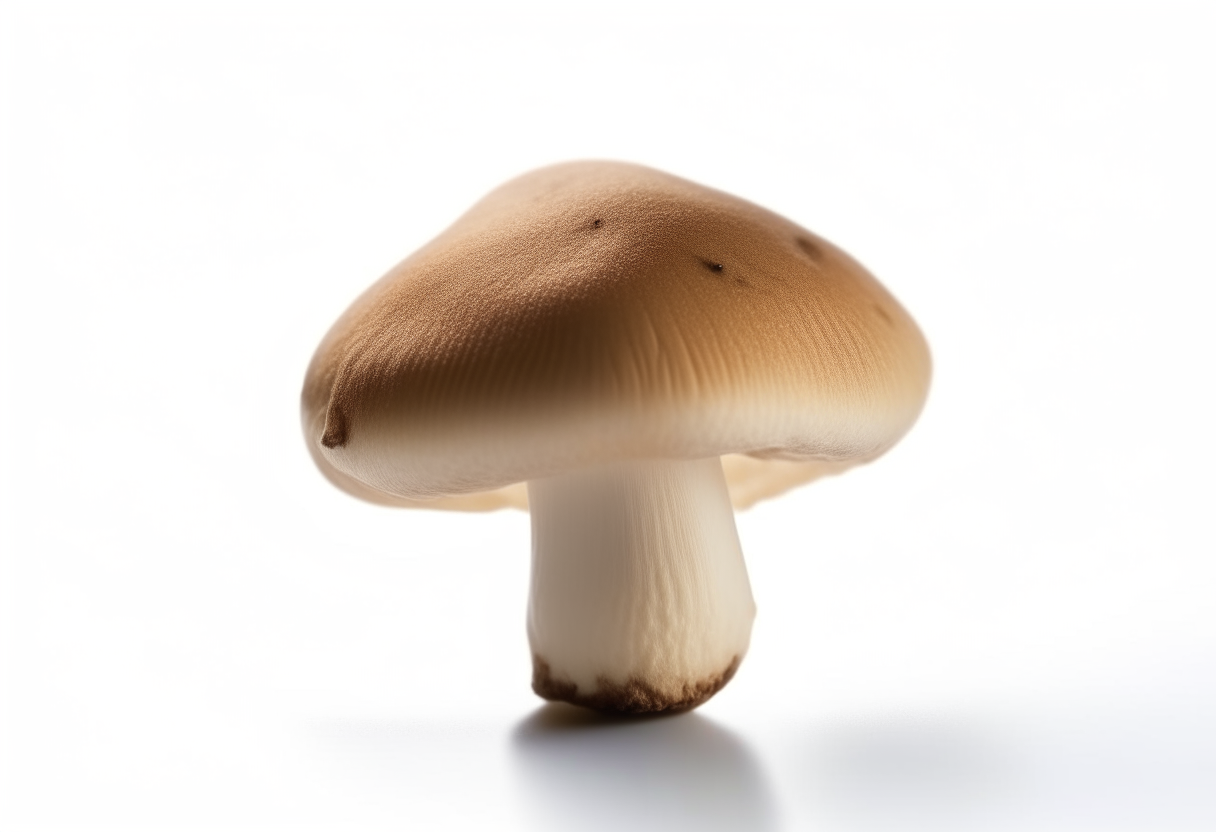Closeup of a single champignon mushrooms standing white studio. The background is a white studio background.