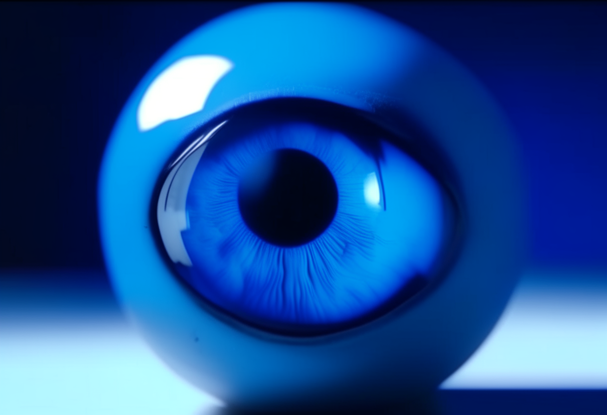 Close Up of an eyeball lying in a blue screen studio. The background is a blue screen studio