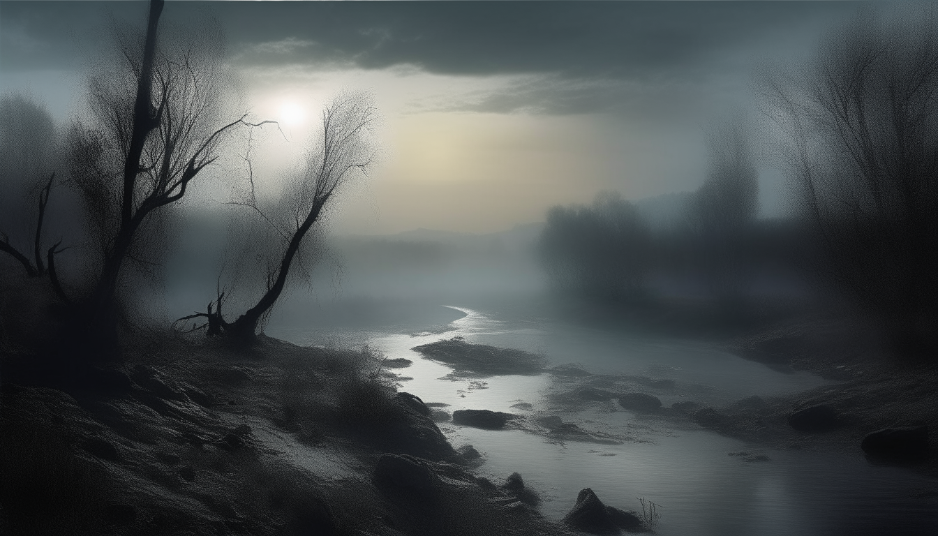 A haunting landscape by the river Acheron. Mist hangs heavy over the dark waters, where souls await passage into the Inferno. Shadowy figures linger on the gloomy shore under an ominous sky, evoking the grim atmosphere of Dante's vision.