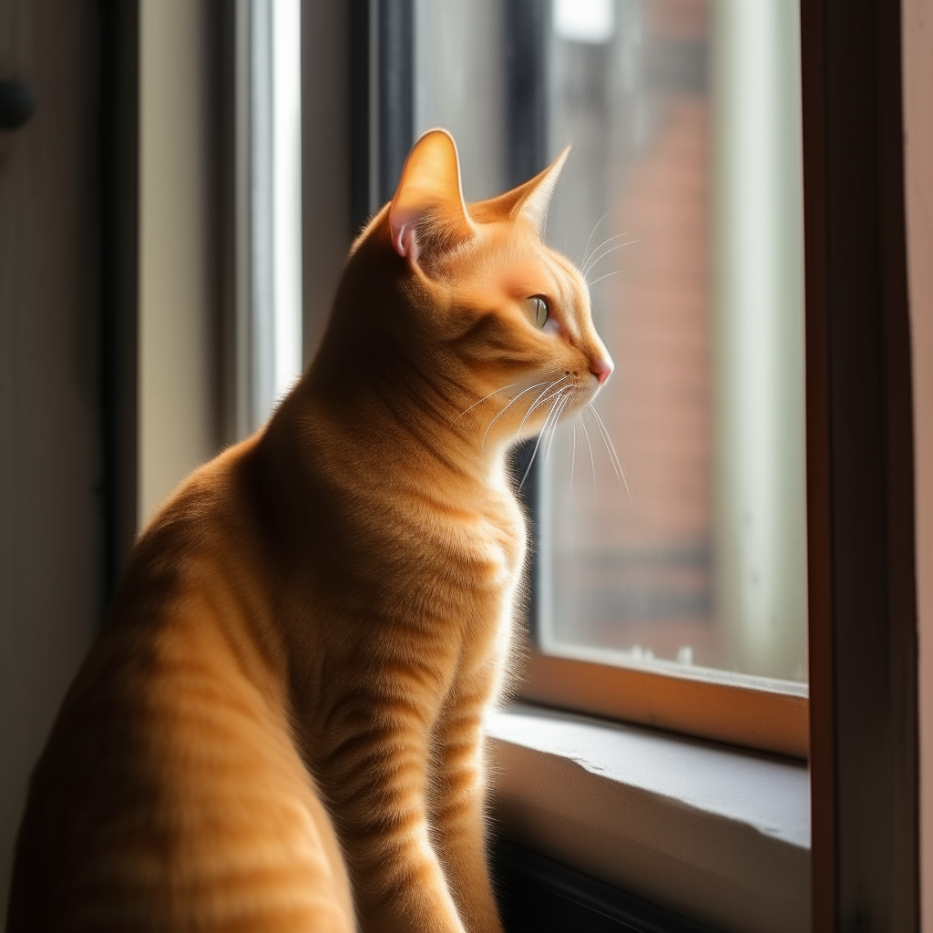 a yellow Indian male cat sitting on a windowsill looking outside