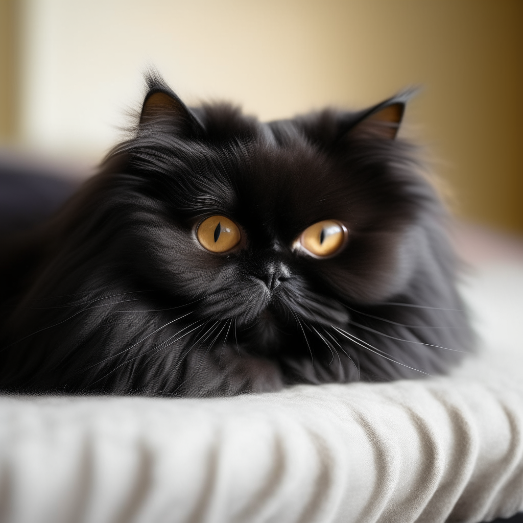 a black female Persian cat laying on a pillow