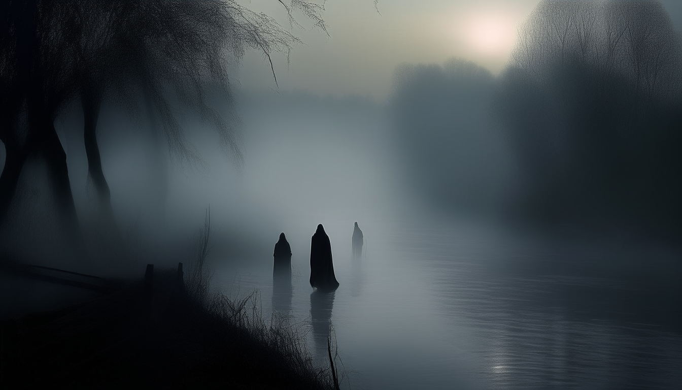 The river Acheron flows under a veil of spectral mist, its dark waters lapping at a gloomy shore. Silhouetted figures linger along the bank, awaiting passage into the underworld. Their faint outlines are hauntingly portrayed against the shrouded landscape, evoking the eternal fate that awaits the souls of the damned.