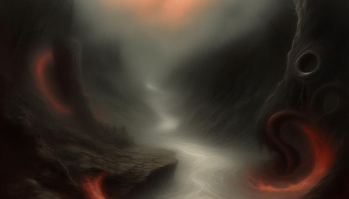 The ominous River Styx flows through the underworld, carrying damned souls to their eternal punishments. Mist hangs heavy over the dark waters, which churn and bubble, reflecting the anguished cries of the condemned. A haunting vision of one of the legendary rivers that defines the circles of Hell in Dante's Inferno.