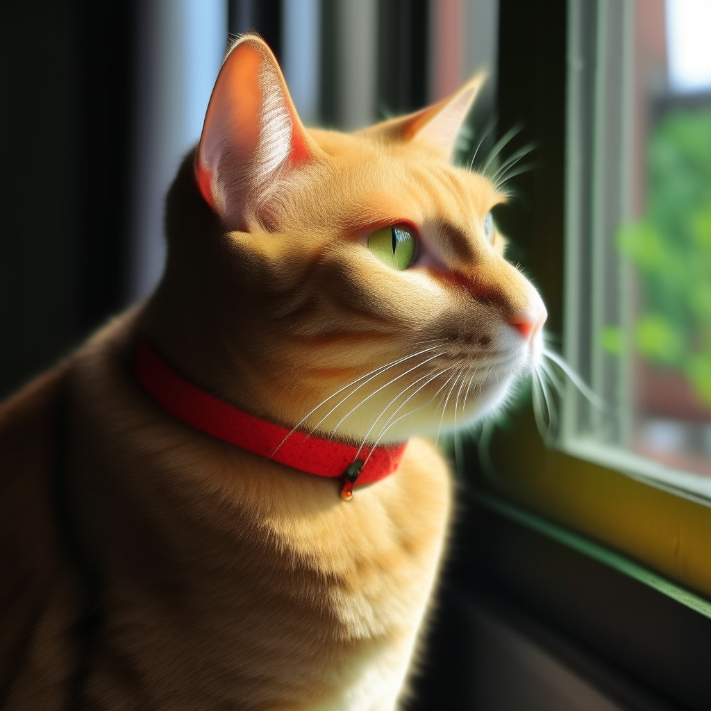 Manu the yellow cat with green eyes and red collar looking out a window