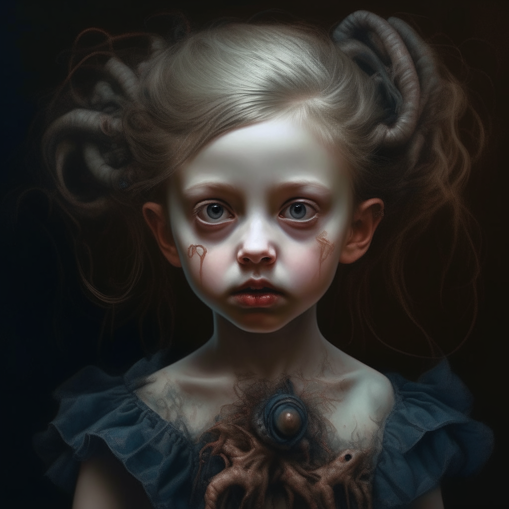 Little girl from this artwork, in the style of otherworldly grotesquery, sci-fi baroque, photorealistic painting, darkly comedic, precisionist, devilcore, skeletal --s 750 –v 5.2