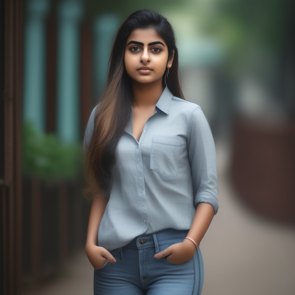 25-year-old beautiful girl from Mumbai, wearing jeans and a formal top, ultra-detailed, long shot, ar 9:16