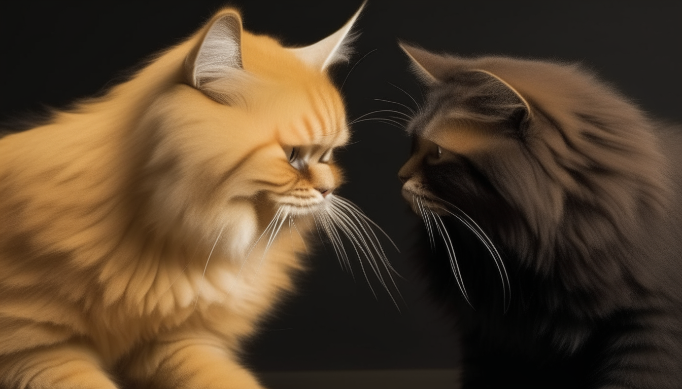 a yellow colored Indian male cat playing with a black colored female Persian cat, highly detailed fur, 8k resolution, 16:9 aspect ratio