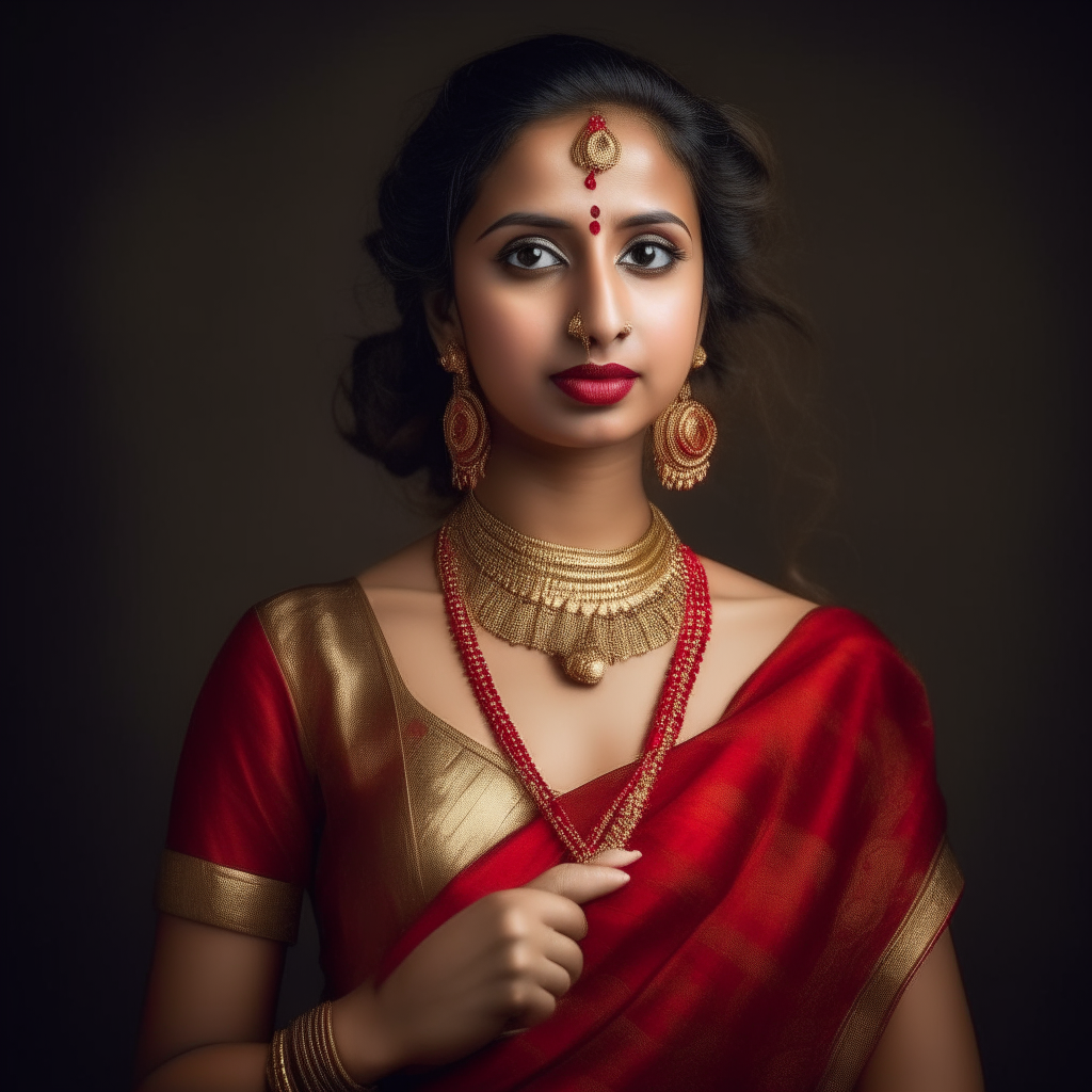 a beautiful 30 years British lady wearing Red Indian sari, gold neckless, brown tied hairs, gold bangles, looking so gorgeous 