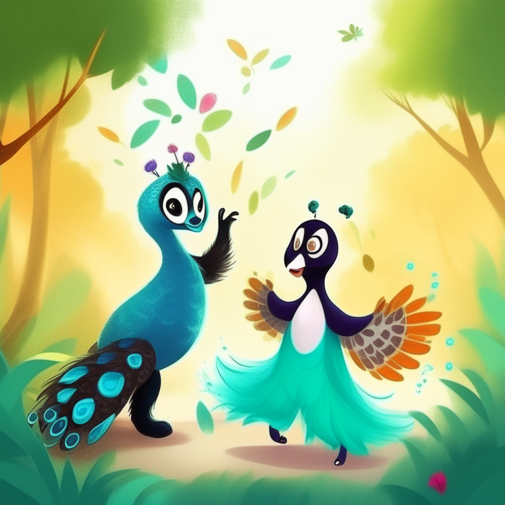 A beautiful peacock and a cute panda dancing in the park