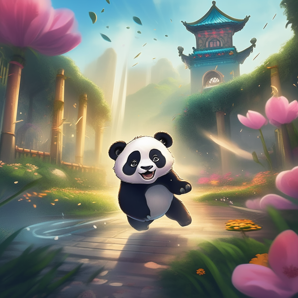 A baby panda running through a beautiful fantasy park