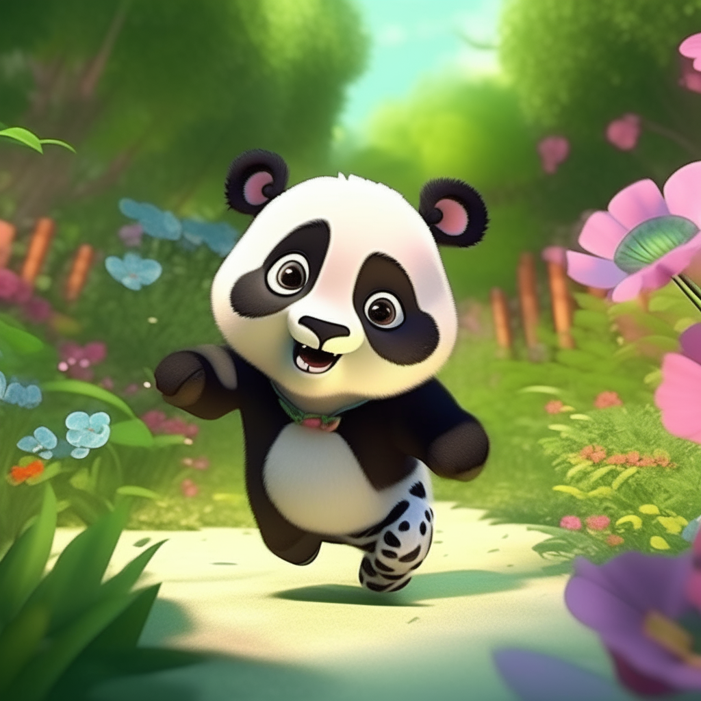 A small cute animated baby panda running playfully in a beautiful animated garden with colorful flowers and green trees