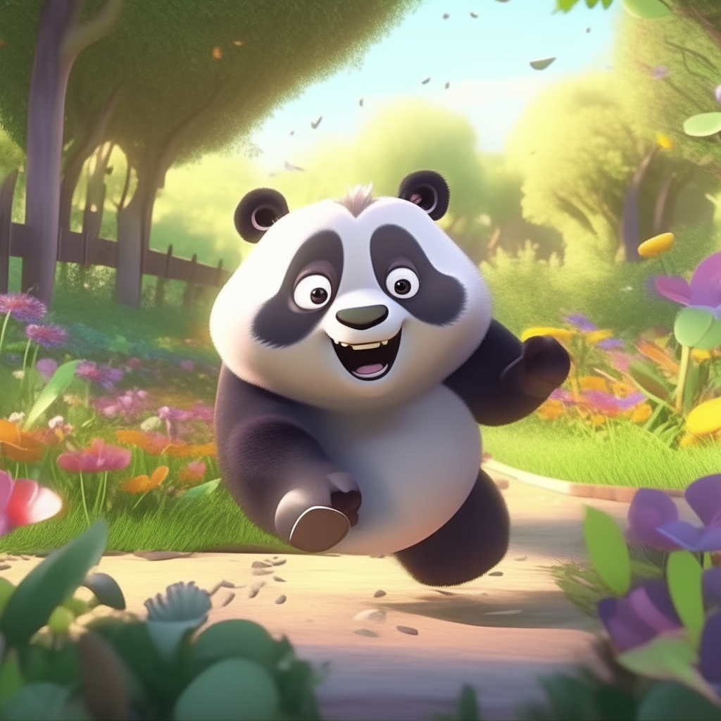 A small cute animated panda running happily in a beautiful animated garden full of vibrant flowers and trees