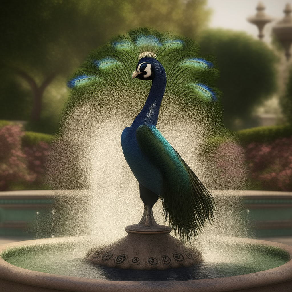 A beautiful animated peacock with long tail feathers dancing elegantly beside a fountain in a garden