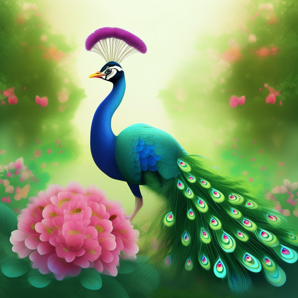 A beautiful animated peacock with colorful feathers dancing gracefully in a lush green garden with flowers