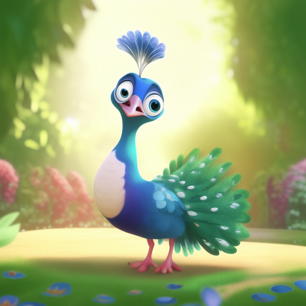 A cute small animated peacock with colorful tail feathers dancing in a garden facing the front