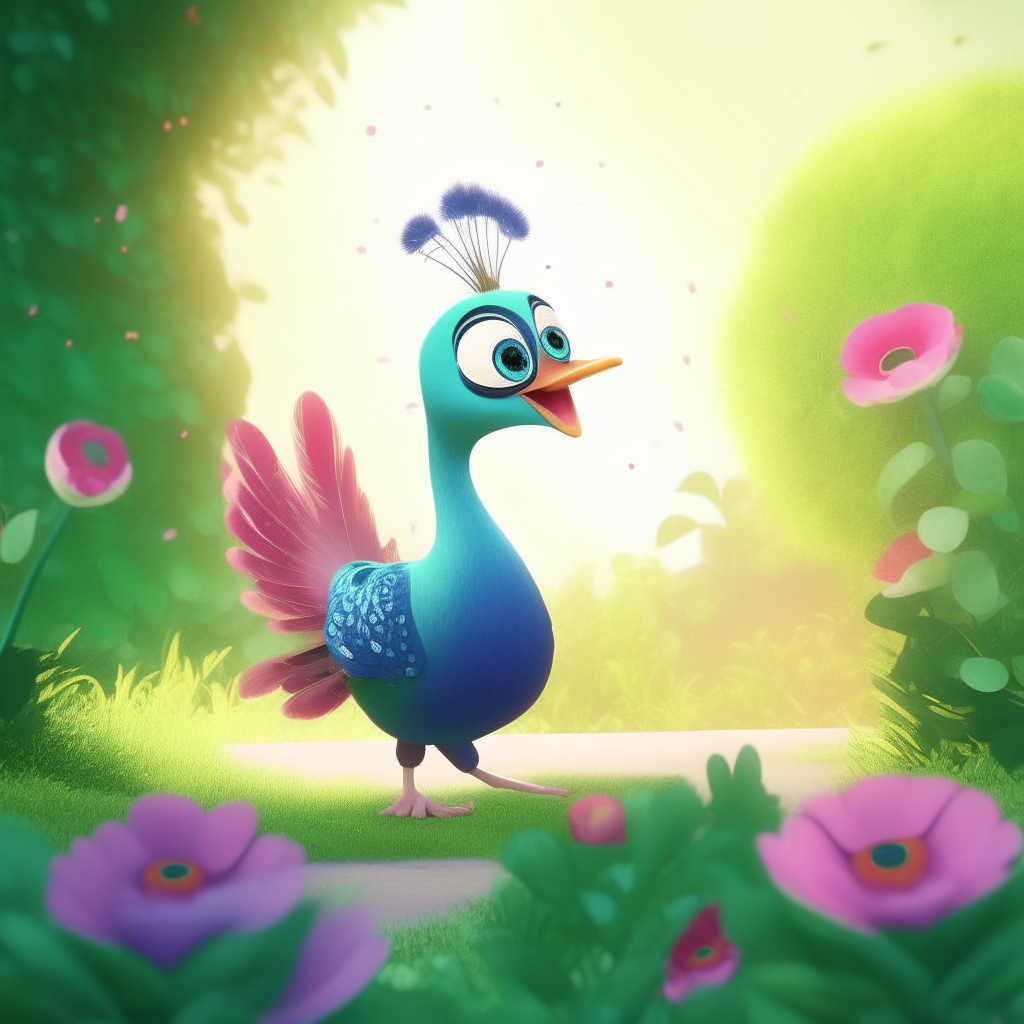 A cute small animated peacock dancing playfully in a flower garden facing the front