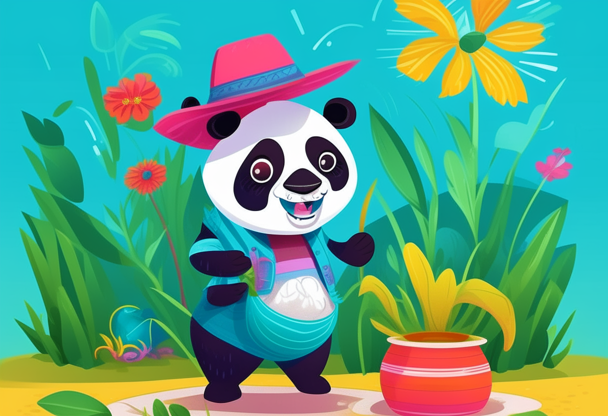 a cartoon panda bear wearing a straw hat and overalls smiling while watering plants in a vibrant garden next to a peacock with colorful tail feathers fanned out