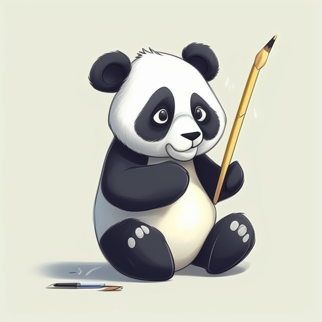 A cute baby panda holding a yellow pencil in its paw, sitting in a garden full of flowers