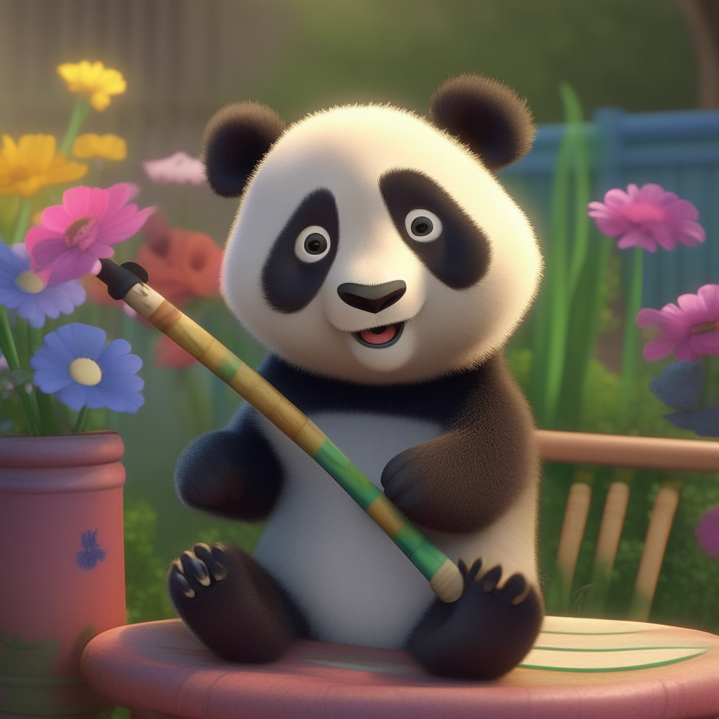 An cute small animated panda holding a real pencil in a garden full of flowers