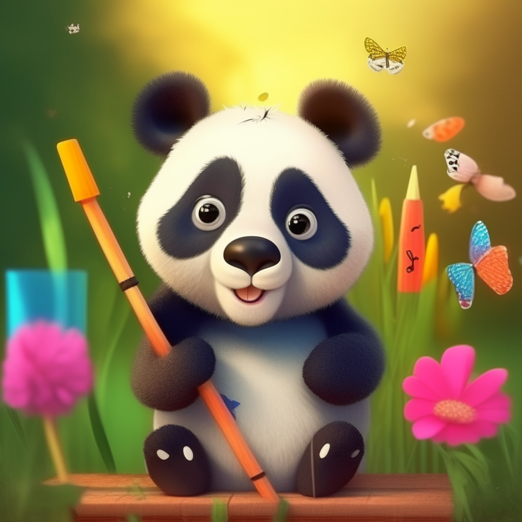 An cute small animated panda holding a real pencil in a vibrant garden with butterflies