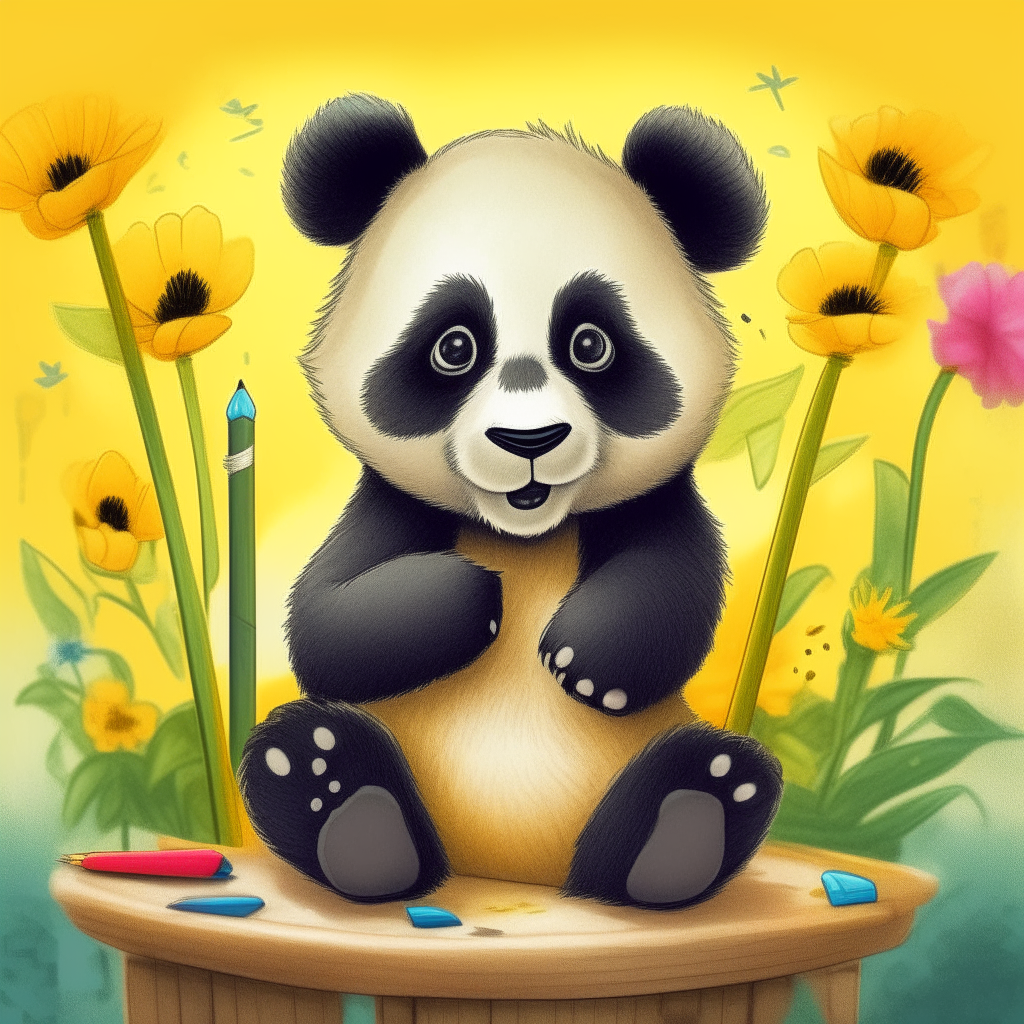 A cute baby panda holding a yellow pencil in its paw, sitting in a vibrant garden with flowers