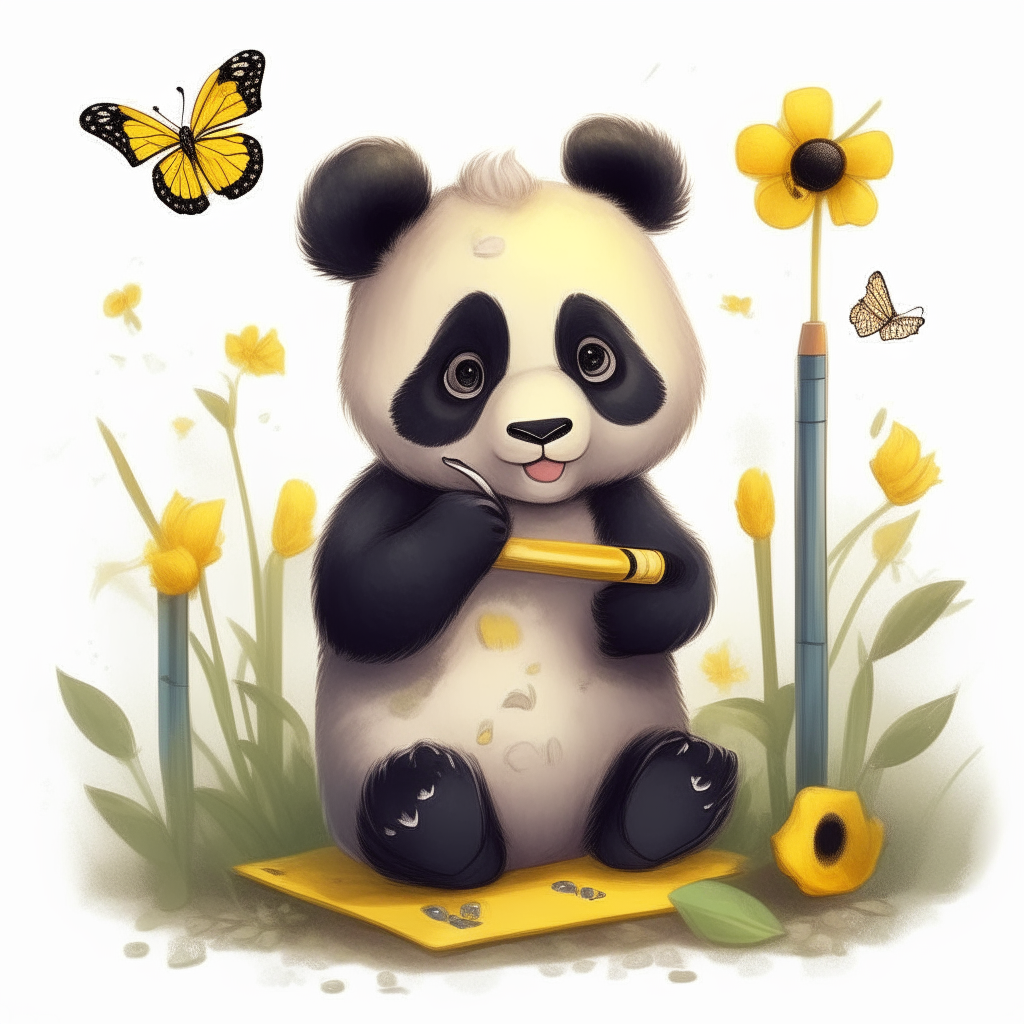 A cute baby panda holding a yellow pencil in its paw, sitting in a garden full of butterflies