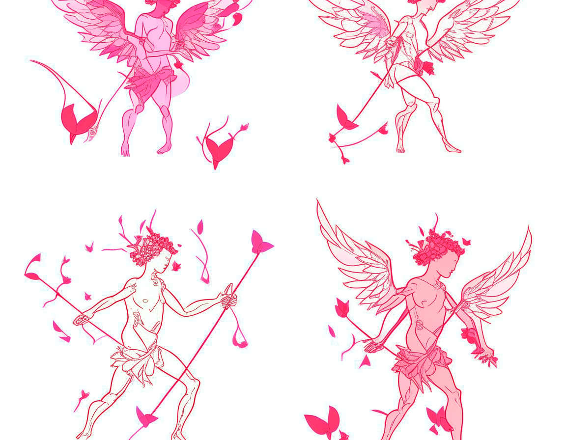 Flat drawings of "element characteristics of love": cupid, rose, heart, couple, different representations, same size, arranged in order.  Pure white background, sharp, sharp lines, maximum contrast ❤️