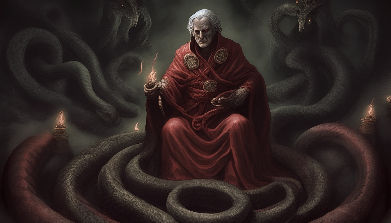 The monstrous judge Minos sits in judgment, his piercing gaze surveying the souls of the damned. His serpentine form emanates an eerie glow as he determines the fate of each condemned spirit, casting them into the appropriate circle of torment through the power of his coiled tail. A grim vision of infernal justice from Dante's epic poem.