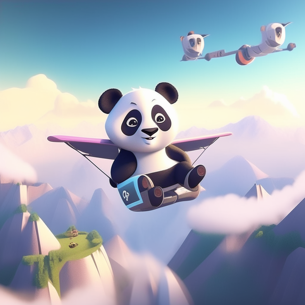 An animated small panda flying a plane over mountains