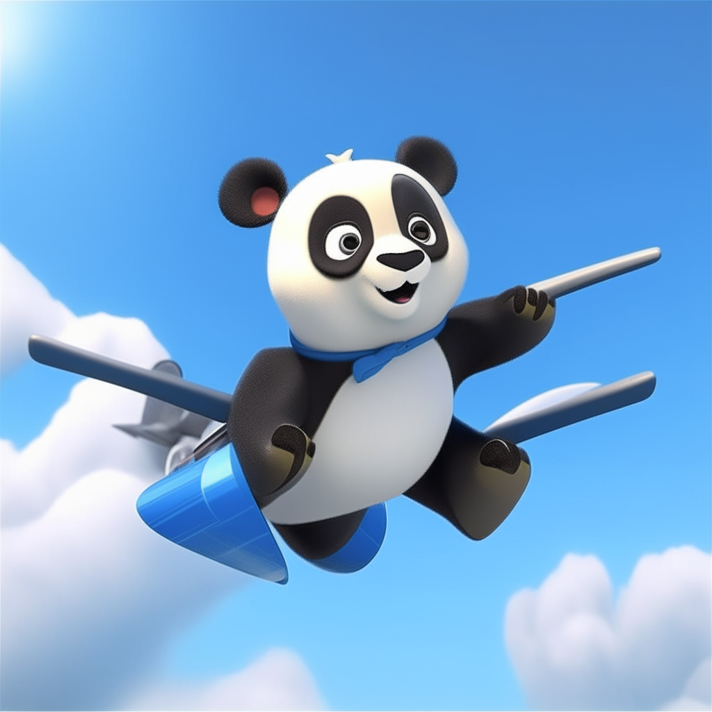 An animated small panda flying a plane in a blue sky